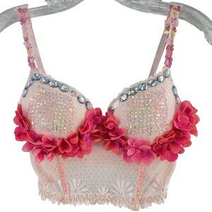 Jesica Simpson~Pink Floral Bejeweled/Embellished Longline Bra Bustier~Size 34C